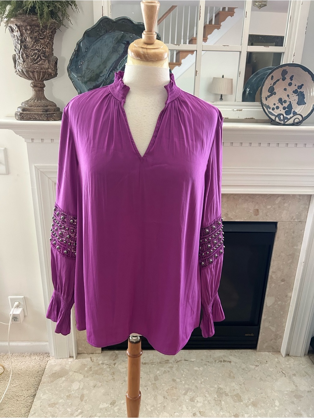 Chico's Bright Purple Beaded-Sleeve Blouse